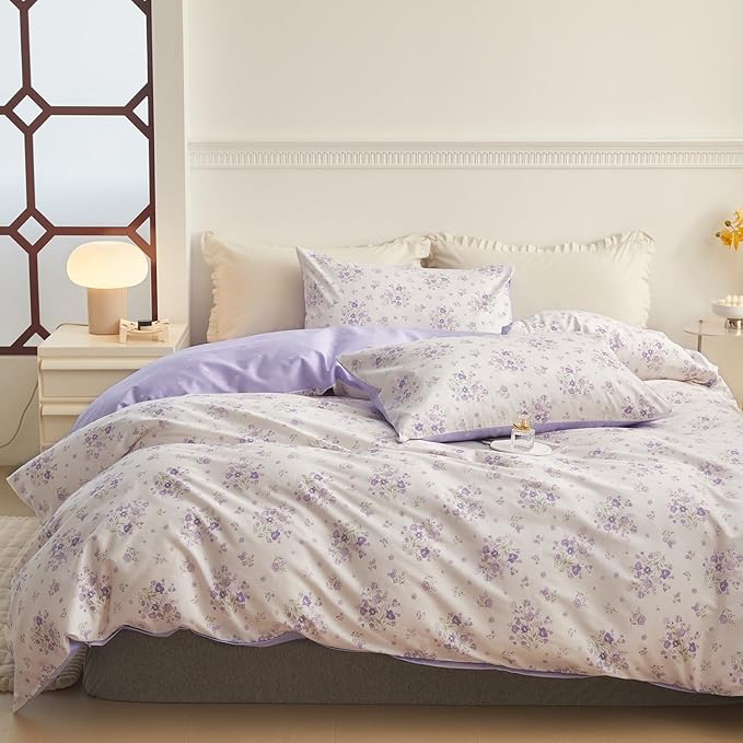 HighBuy Boho Floral Comforter Set Queen Purple Flower Bedding Comforter Set Comfy for Queen Bed,Luxurious Soft Floral Comforter with 2 Pillowcases Women Girl Botanical Cooling Comforter Sets