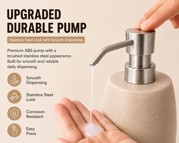 Clasin Home Sandstone Textured Resin Soap Dispenser with Metallic Pump and Waterproof Bottle Labels for Bathroom Kitchen Dish Hand Wash Shower Lotion Shampoo, 12 Oz, Beige