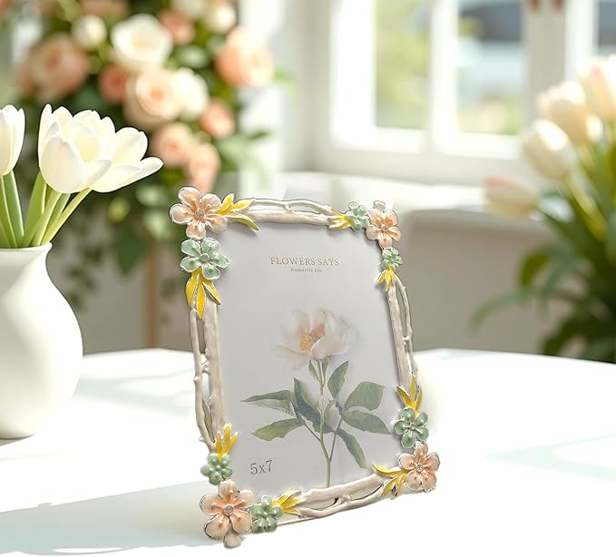 4X6 Wedding Picture Frame with Enamel Finis Glass Front - Ornate Antique Pink and Green Flowers Photo Frame Tabletop/Wall Vintage Display Gifts for Women