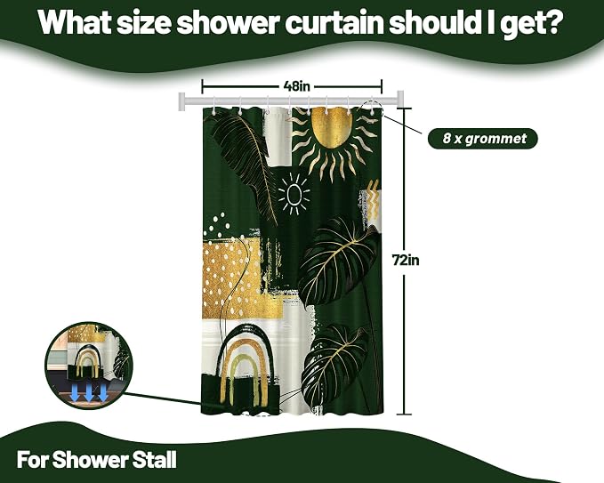 Small Stall Narrow Green and Gold Shower Curtain Boho Stand Up Abstract Shower Curtains for Rv Camper Bathroom Decor Sets, Waterproof Cloth Fabric with Hooks, 48 x 72 Inch