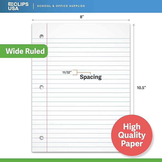 Wide Ruled Loose Leaf Paper Wide Ruled Notebook Paper Lined Writing Filler Paper 10.5” x 8” 56 gsm 1800 Sheets 150 Sheet Per Pack (12 Pack)