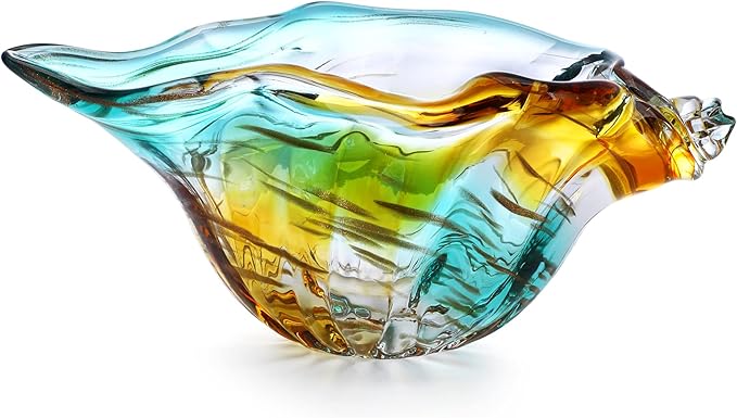 9inch Blown Glass Shell Vase,Handmade Seashell Potpourri Holder Art Glass Conch Seashell Figurine Collectibles Unique Conch Bowl for Home Decor Gift,Colorful