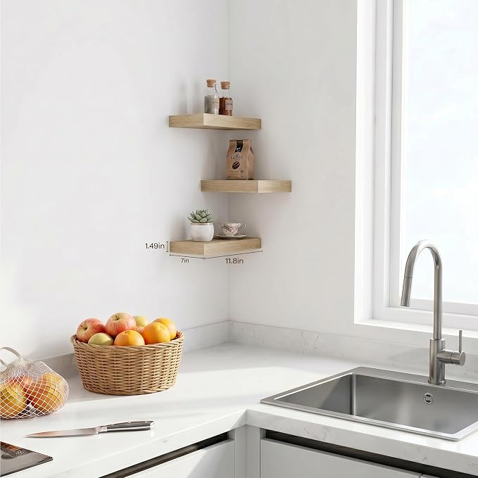 Oak Floating Shelves for Wall Set of 3, 11.8 Inch Small Wood Wall Shelves for Bathroom Over Toilet, Kitchen & Bedroom Storage, Wall Mounted Shelves for Spice Jars, Plants & Decor