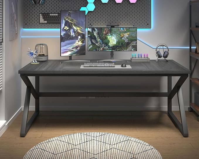 HSH Extra Long Computer Desk, Industrial Metal Wood Home Office Desk, Large PC Laptop Table for 2 Person Executive Writing Work Study Gaming, Bedroom Living Room Dual Monitor Desk, Dark Gray, 70 Inch