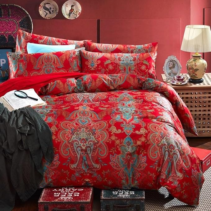 Floral Red Duvet Cover Queen Percale Long Staple Cotton Floral Comforter Cover Vintage Boho Paisley Duvet Cover Luxury Soft Jacquard Flower Bedding Set Farmhouse Floral Duvet Cover with 2 Pillowcases