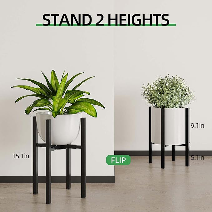 Adjustable Metal Plant Stand Indoor, Fits 9-15 Inch Pots, Mid Century Modern Planter Holder,2 Heights, Heavy Duty 160 lb, Indoor Outdoor Corner Floor Pot Stand, Black with Round Plate