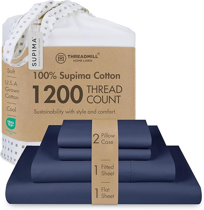 Threadmill California King Sheets, Certified American Supima Cotton Sheets, 1200 Thread Count Hotel Quality Sheet, 4 Piece Luxury Bed Sheet Set with Elasticized Extra Deep Pocket, Folkstone Blue