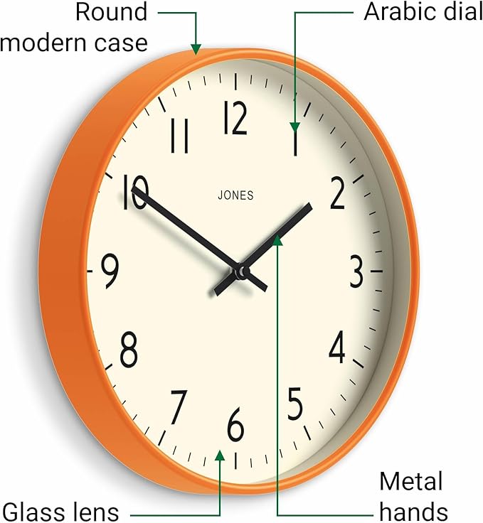 JONES CLOCKS® Studio wall Clock | Modern Round Style | 12 inch | Orange | Easy to Read Numbers | Versatile Design for Kitchen, Living Room or Office