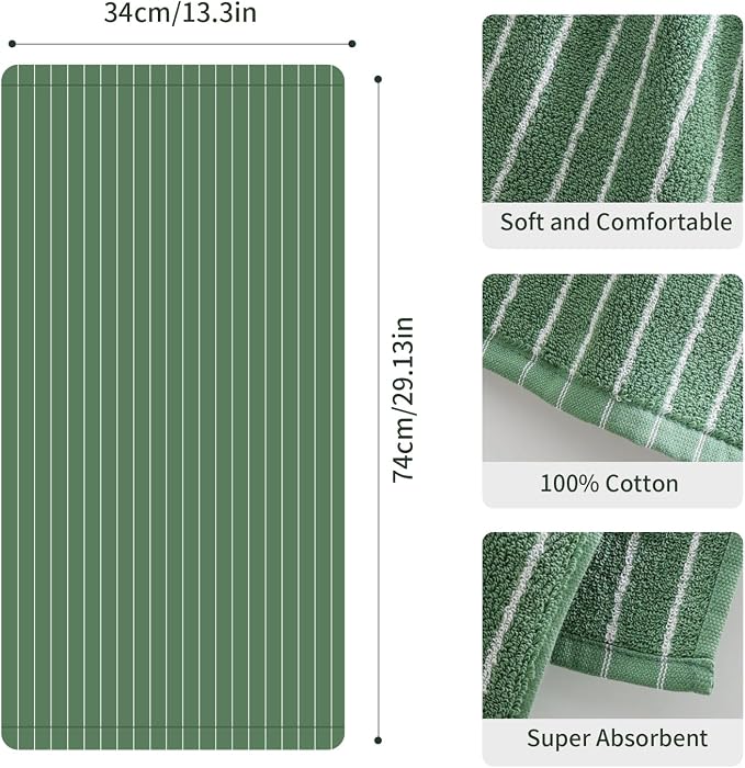 Green Stripe Towels Set of 6，Ultra-Absorbent & Quick-Drying Bathroom Hand Towels 100% Cotton Face Towels, Soft Hand Towels for Bathroom，13” x 29”