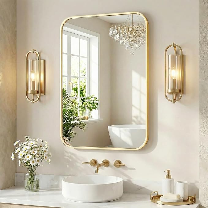 Sweetcrispy Bathroom Mirror for Over Sink, 30x48 Inch Wall Mount Mirror with a Rounded Rectangle and Matte Metal Frame, Modern Wall Vanity Mirrors for Home Decor, Living Room, Bedroom, Gold