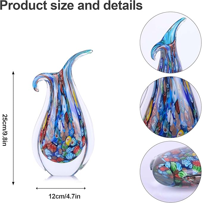 Hand Blown Glass Vase – Oval Decorative Art Glass for Centerpieces, Murano Inspired Decor for Dining Room, Entryway Table, or Shelf, Handmade Glass Vase for Home Display (Blue)