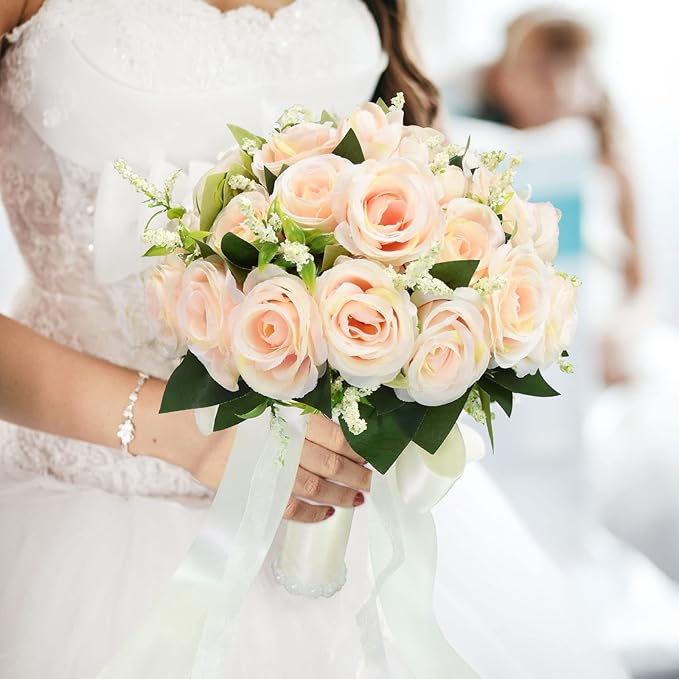8.3 inch Wedding Bouquets for Bride Bridesmaid Bridal Bouquet Artificial Rose Tossing Bouquet for Wedding Ceremony Party Church (Champagne)