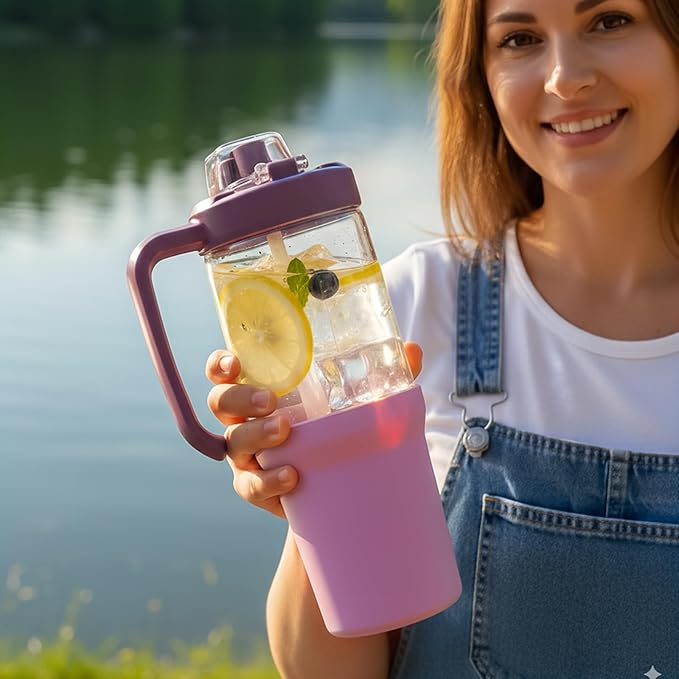 32oz Glass Water Bottle, 2-in-1 Straw and Sip Spout Lid, Leakproof Wide Mouth Tumbler with Handle, BPA-Free Reusable Bottle for Sports, Office, Outdoor, Lilac