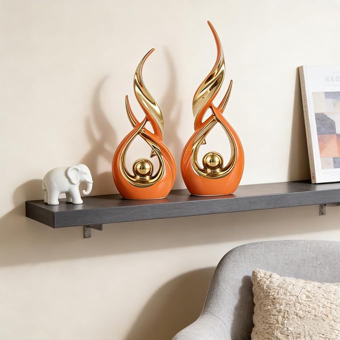 2 PCS Orange Gold Ceramic Statues For Home Decor Accents, Modern Abstract Art Sculptures, Elegant Tabletop Decorative Objects For Dining Room, Entryway, Tv Stand, Mantel, Coffee Table Centerpieces