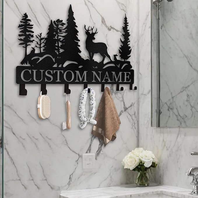 Custom Forest Deer Coat Rack Key Organizer, Personalized Metal Key Mount for Wall, Kitchen, Hallway or Doorway, Home Decor Gift