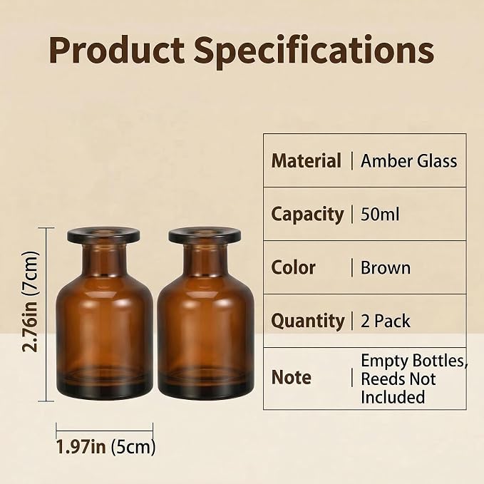 2 Pcs 50ml 1.7oz Glass Aromatherapy Diffuser Bottles Diffuser Jars Essential Oils Jar Containers Flower Bud Vases DIY Replacement Aromatherapy Diffuser Crafts Fragrance Accessories(Amber)