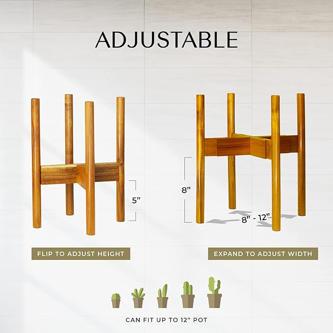 RAINBLELAND Acacia Hardwood Adjustable Plant Stand Indoor, Planter Stand Pot, Mid Century Modern Planter Holder for Indoor Plants, Outdoor Pedestal fits 8 9 10 11 12 Inches Pots, Wooden Pedestal Only