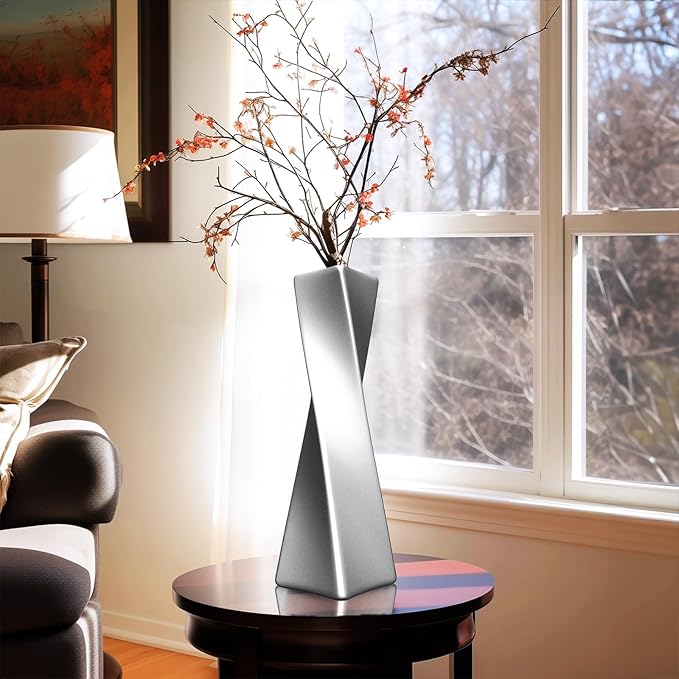 Silver Ceramic Geometric Vase, 11.8" H, Modern Decorative Vase for Home Decor
