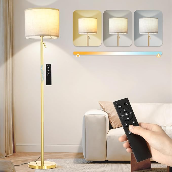 Modern Floor Lamp for Living Room and Bedroom- 55"-67" Height Adjustable Standing Lamps with Dimmable LED Bulb and Remote Control-Bright Tall Stand Light with Shade for Corner Lighting （Gold）
