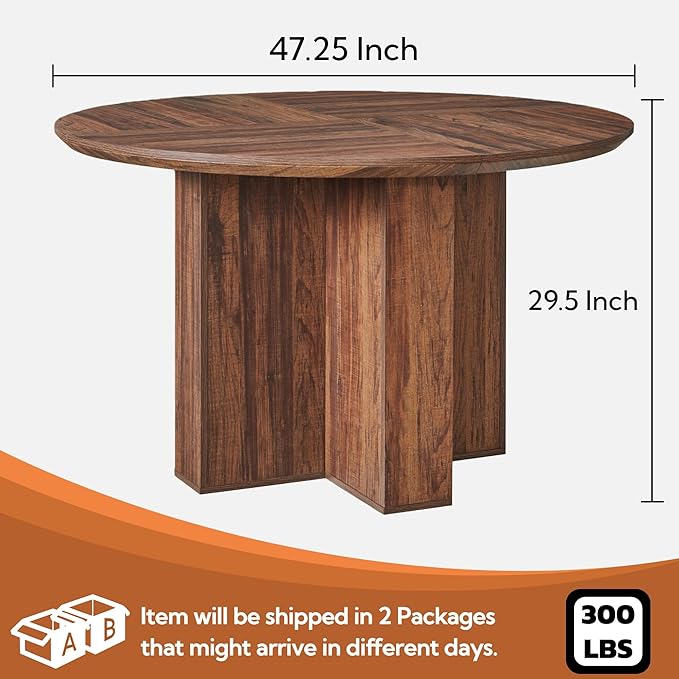 RedLemon Round Dining Table for 4 People, 47" Modern Wood Kitchen Table with Thick Stable Cross Pedestal Base & Curved Edge, Round Dinner Table for Dining Room, Kitchen (Rustic Walnut)