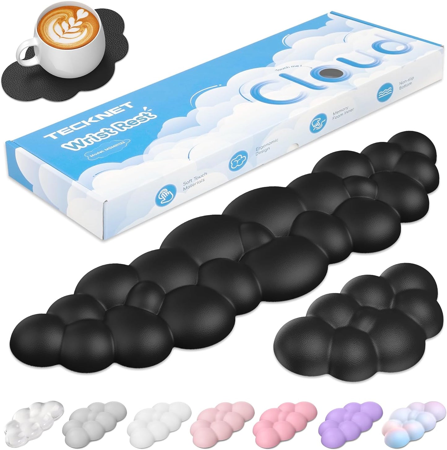 TECKNET Cloud Keyboard Wrist Rest Set - Ergonomic Memory Foam Pad with Non-Slip Base | Black