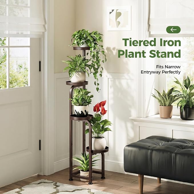 Bamworld Corner Plant Stand Indoor Outdoor, Tall Metal Flower Pot Stands for Multiple Plants, 4 Tier Brown Heavy Duty Plant Shelf for Patio Garden Balcony Living Room Bedroom(Patent Design)