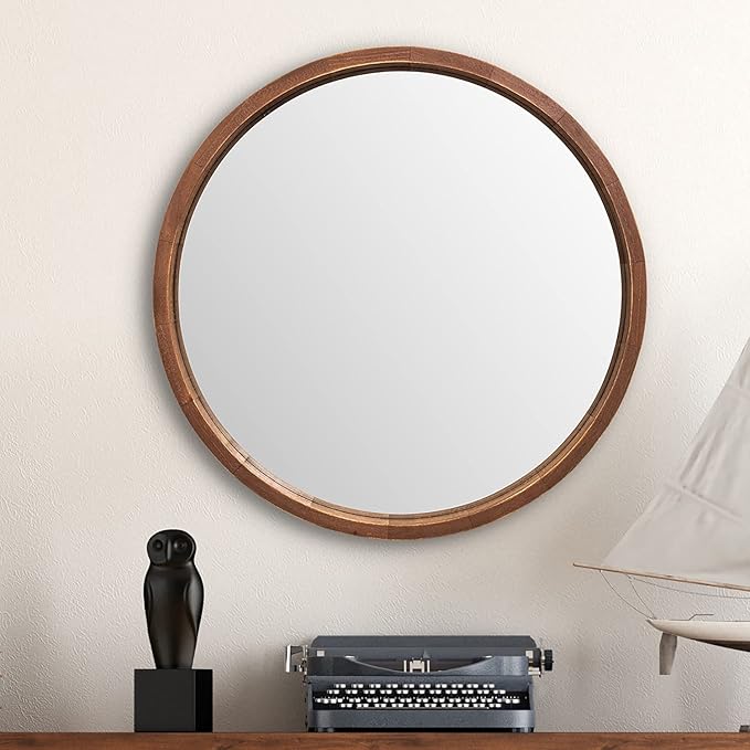 LYYYXGYP Round Wood Mirror 30 Inch Farmhouse Wall Mirror Wooden Framed Brown Circle Mirror for Bathroom Vanity Living Room Bedroom