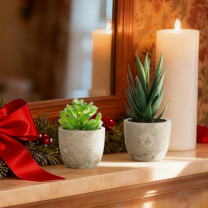 Artificial Potted Plants Faux Greenery in Cement Pots for Shelf, Bookshelf, Office or Home Decor, Small Decorative Fake Plants for Modern Indoor Display (9, XXXL)