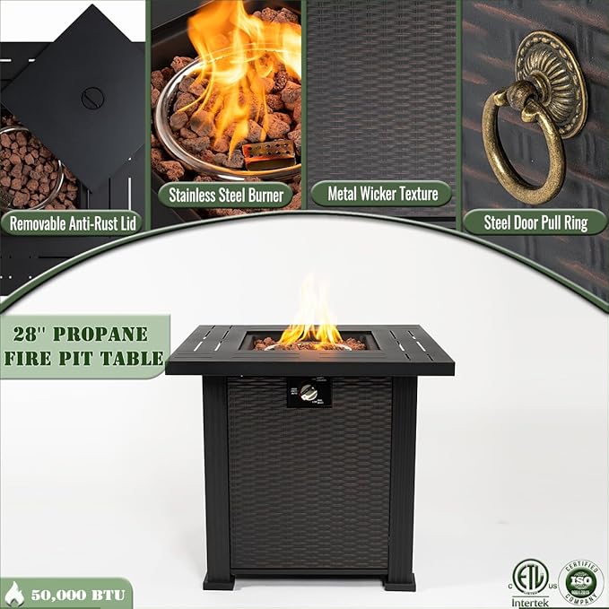28" Propane Gas Fire Pit Table, 50000 BTU Square Steel Fire Pit with Lid & Volcanic Stones 2 in 1 Fire Pit Table Rock for Outside Patio Deck Garden Courtyard