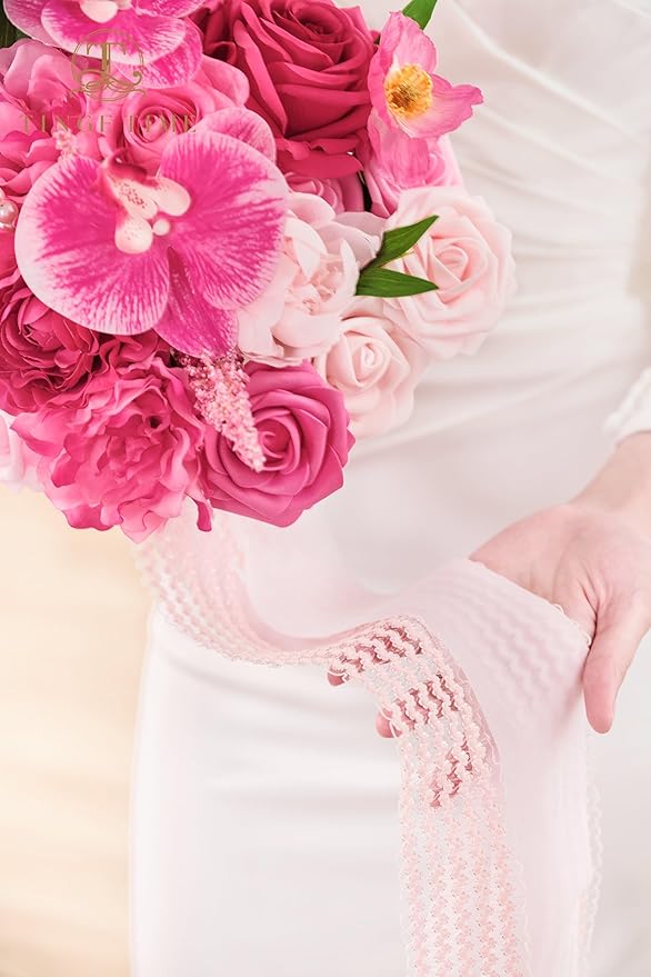 TINGE TIME 9 Inch Artificial Bridal Bouquet, Cascading Wedding Bouquet for Wedding Ceremony and Anniversary (Hot Pink)