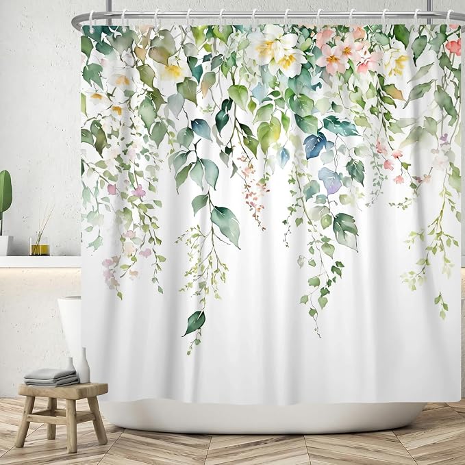 Sage Green Eucalyptus Shower Curtain Watercolor Botanical Floral Leaves Shower Curtain Set Spring Nature Bathroom Decor with 12 Hooks,72x78 Inches