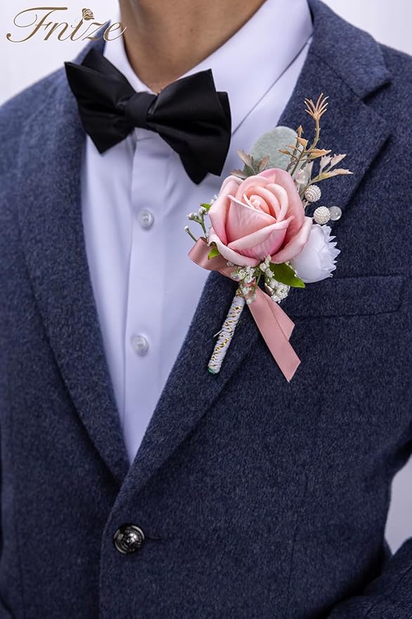 Fnize Pink Corsage and Boutonniere Set for Bride Groom Bridesmaids Groomsmen Wedding Homecoming Flowers Prom Suit Accessories, Rose Boutonniere and Wrist Corsage Flower