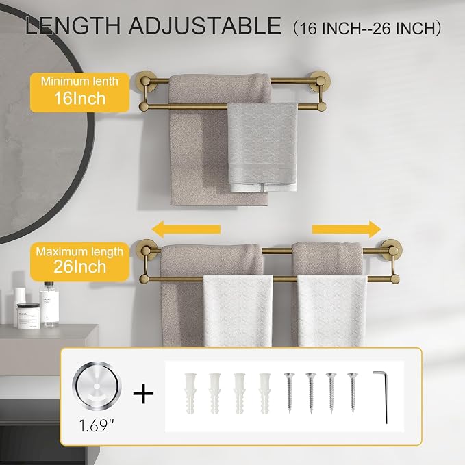 BESy Adjustable 16-26 Inches Double Bath Towel Bar for Bathroom SUS304 Stainless Steel Towel Holder, Hotel Style Wall Mount with Screws Hand Towel Bar Towel Rack Rod Hanger, Antique Brass