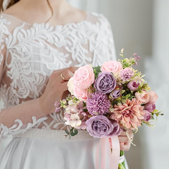 Zeyune 12 Bundles Artificial Peonies Flowers Artificial Silk Rose Faux Dahlia Fake Chamomile Hydrangea Bouquet Bulk for Vase Home Wedding Centerpiece Party Decoration(Lavender Blush,Misty Lavender)