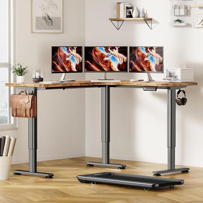 Flycity Electric L Shaped Standing Desk Adjustable Height, 63" x 55" Corner Stand Up Table, Home Office Desk, Dual Motor Sit Stand Desk, Computer Desk with 3 Memory Preset & Lock, Rustic Brown
