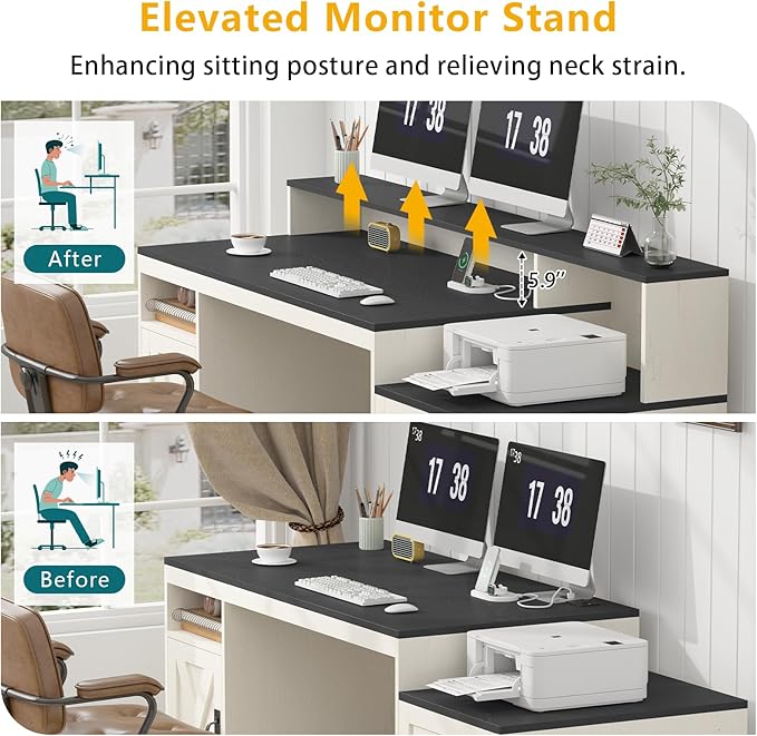 TVU Farmhouse Computer Desk with Drawers, 65'' Home Office Desk with Power Outlets, Storage Cabinet and Printer Stand, Study Writing Desks with Long Monitor Stand, Black and White