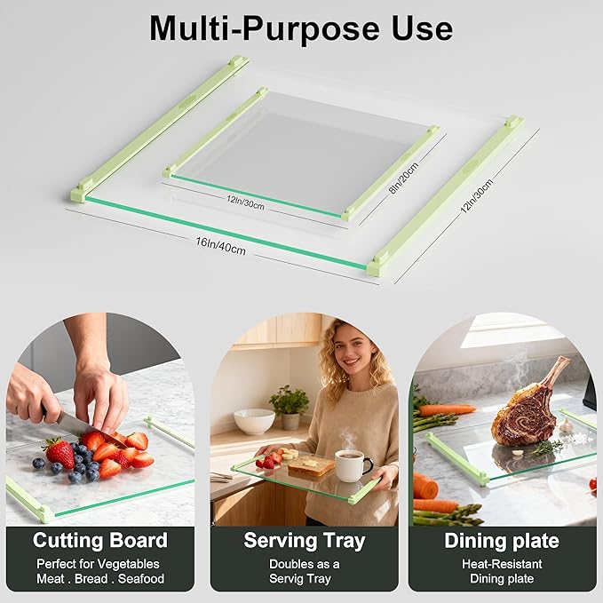 2PCS Glass Cutting Board with Silicone Grip, 80% Stronger Shatter Resistance and Slip Resistance,No Scratches/Microplastic-Free,Dishwasher Safe, Non Toxic Chopping Board for Kitchen (Green)