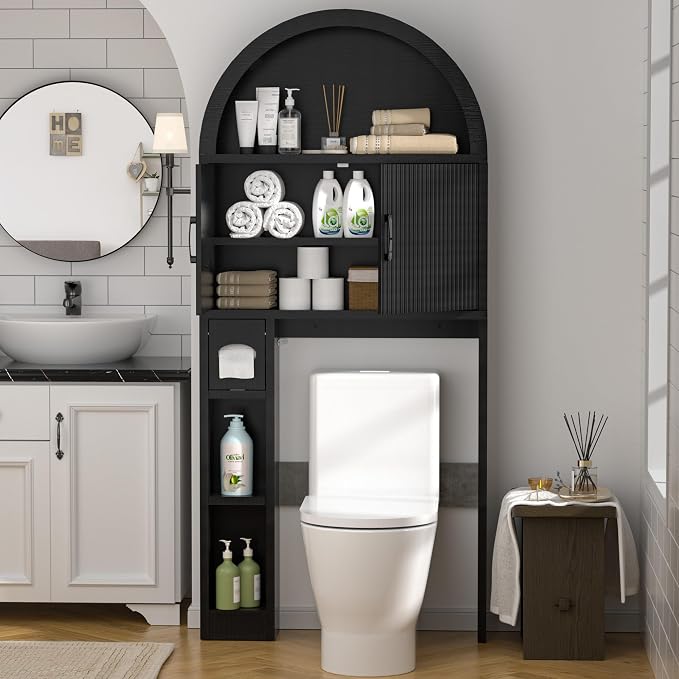 Spurgehom Over The Toilet Storage Cabinet, Bathroom Shelf Organizer Freestanding, Bathroom Arch Cabinet Over Toilet with Toilet Paper Holder and Anti-Tipping Device, Black
