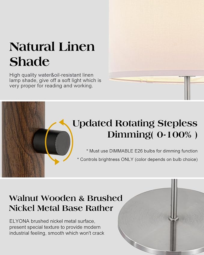 ELYONA Dimmable Floor Lamp Walnut Wood Grain & Brushed Nickel Standing Lamp Mid Century Modern Coner Pole Lamp with White Fabric Shade & Rotary Switch for Living Room Bedroom Office,LED Bulb Included