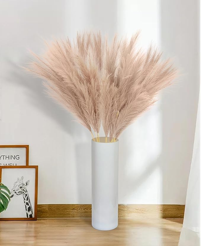 9 Pcs 45" Tall Pampas Grass Brown Decor, Long Stem Artificial Flower Floor Vase Large Faux Floral Pompas Fake Plants Dried Bouquet Arrangement Vase Filler for Boho Home Wedding Decoration