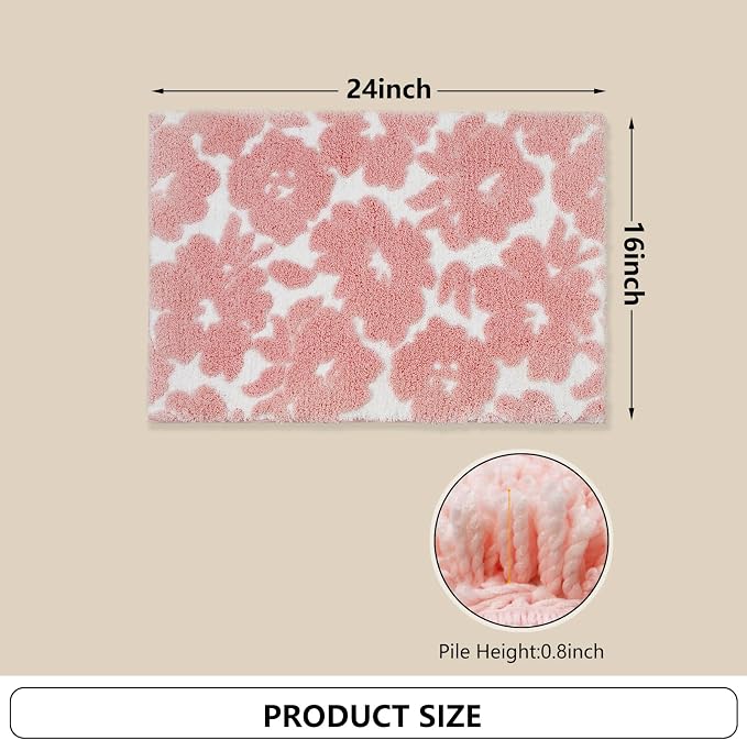 Civkor Pink and White Bathroom Rug, Tufted Flower Bath Mat for Bathroom with Non Slip TPR Backing, Quick Dry Microfiber Surface, Soft and Super Water Absorbent Bath Rug, 24x16Inch