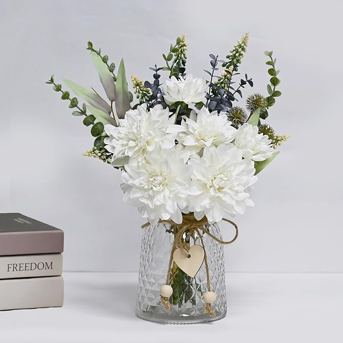 LADADA Vase Fake Flowers, Artificial Silk White Dahlias Arranged in Vases, EucalyptusTrees, Pampas Grass, and Hemp Rope for Farmhouses 14.5'' Floral Arrangements for Dining Table Centerpiece Decor