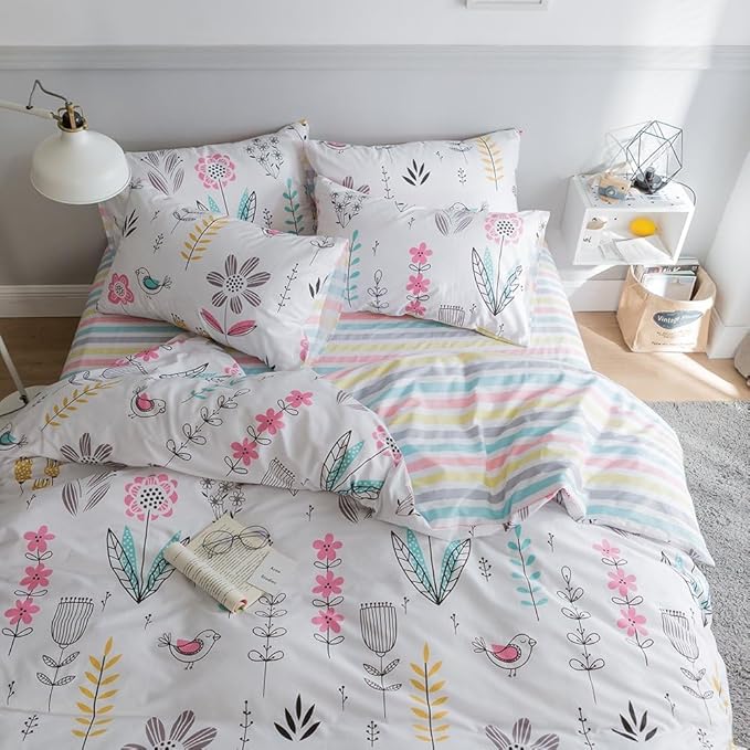 Floral Print Duvet Cover Queen Girls Floral Cotton Comforter Cover Chic Garden Flower Duvet Cover Aesthetic Bedding Sets Reversible Striped Boho Floral Comforter Cover Queen Duvet Cover with Zipper