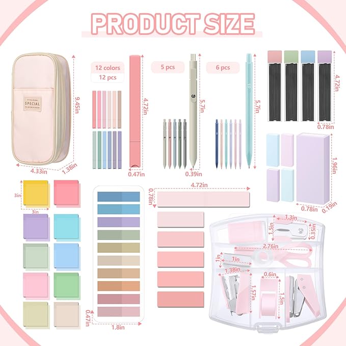 Sinload 60 Pcs Aesthetic Book Annotation Kit School Supplies Cute Pencil Case 12 Highlighter 5 Gel Pen 6 Mechanical Pencil 5 Magnetic Bookmark 1220 Pcs Sticky Note Tab Student Stationary(Pink)