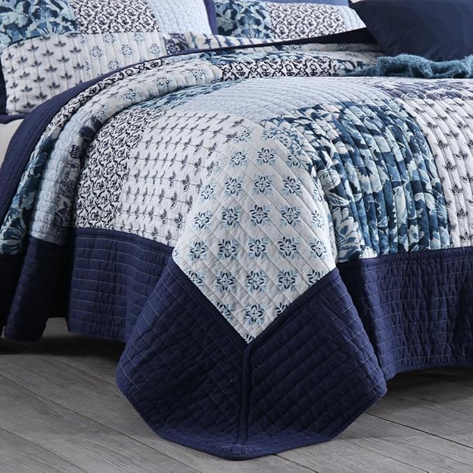 ENASAL Cotton Bedspread Quilt Sets Reversible Bedding Coverlet Sets Luxury Floral White Blue Real Patchwork Bedspread, King Size