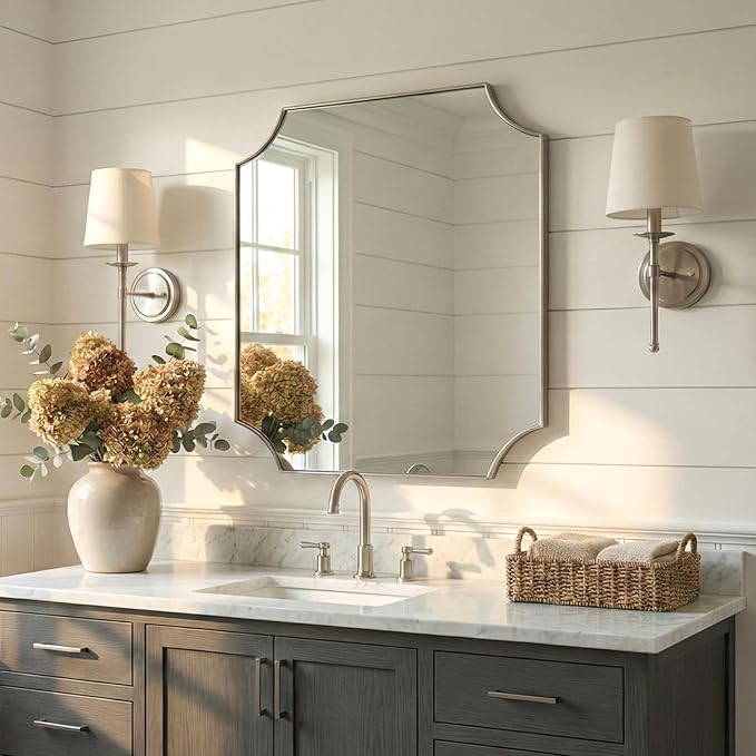 ANDY STAR 30"x30" Brushed Nickel Mirror, Square Bathroom Mirror for Over Sink, Silver Vanity Mirror in Anti-Rust Stainless Steel Frame, Aesthetic Scalloped Corner Design, Ideal for Home Remodel