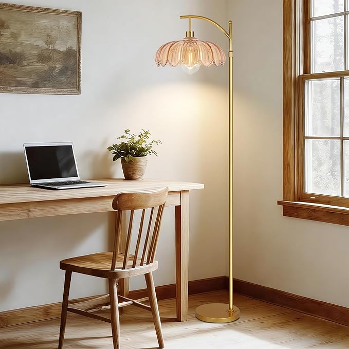 QIYIZM Glass Floor Lamp for Living Room,Bedroom,Gold Dimmable Standing Lamp with Remote,Mid Century Modern Brass Tall Lamp Boho Floor Lamps Arc Stained Flower Floor Light Lamp Bohemian