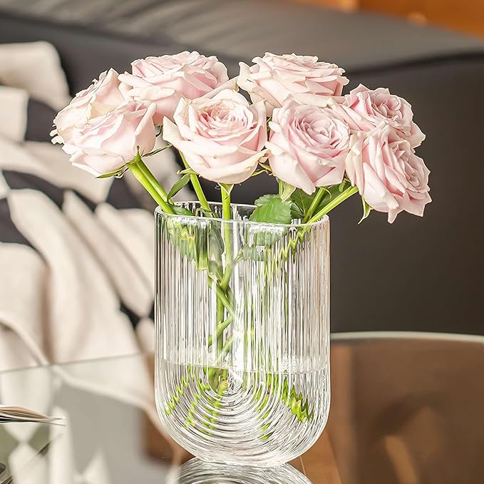Clear Ribbed Glass Flower Vase, 7" H Modern Small Vase, Ellipse U Shaped Fluted Striped Decorative Vase, Fit for Home Living Room Table Decor (Open:5.11" x 2.36")