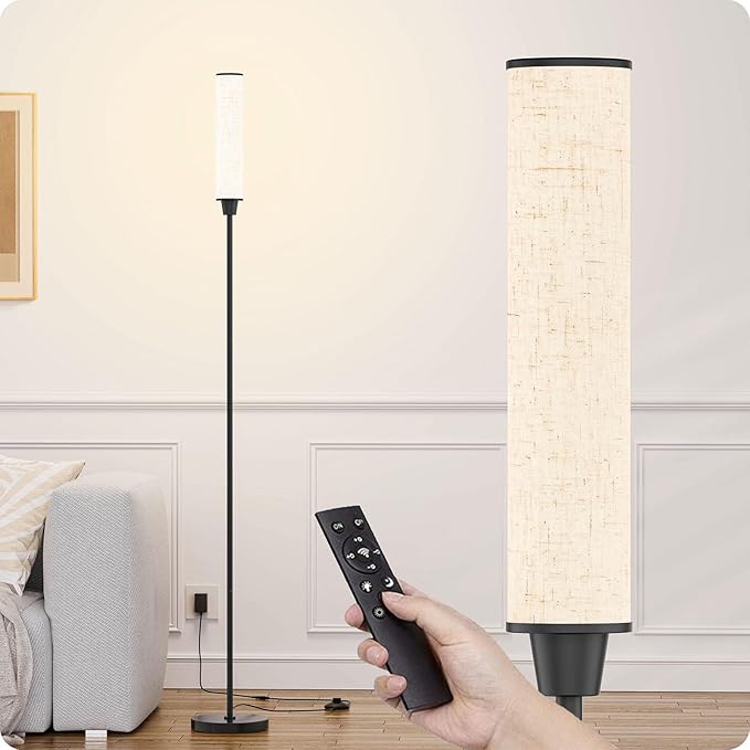 Nukanu Floor Lamp with Remote Control, Floor Lamps for Living Room/Bedroom/Office, Stepless Adjustable 3000K-6000K Colors and 10-100% Brightness,Standing Light with Foot Switch (Black+Beige Linen)