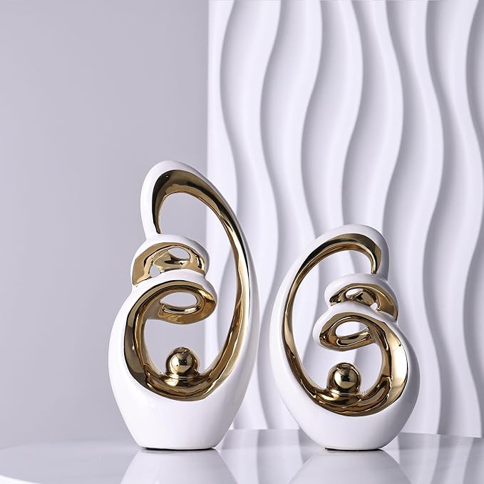 Modern Abstract Porcelain Sculpture, White Gold Show Piece for Home, Knick Knacks for Decor, Tv Stand Centerpiece